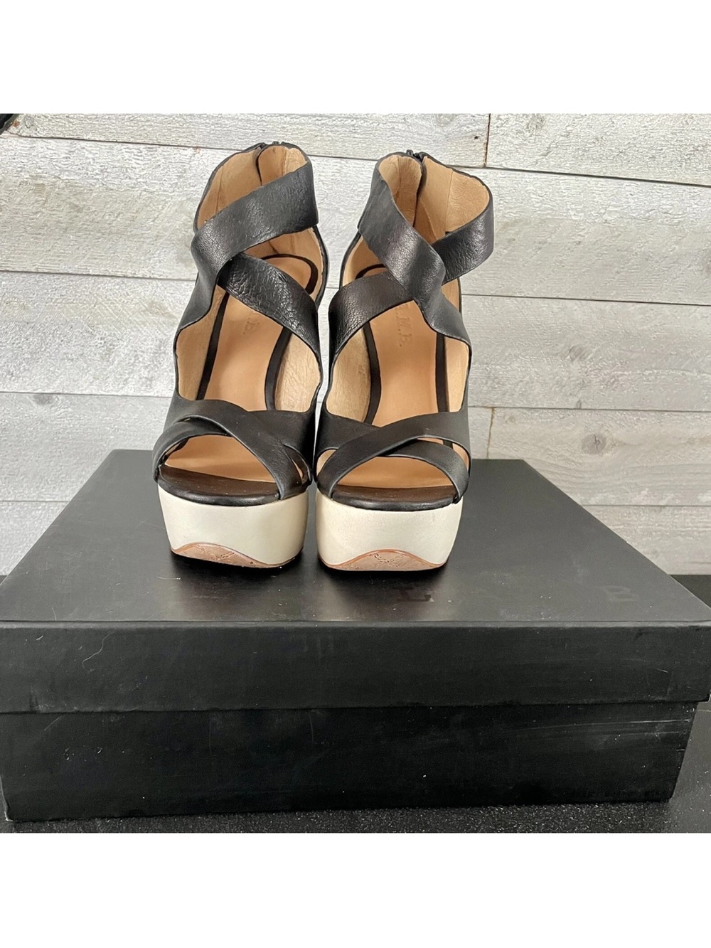 LAMB Black Leather Crisscross Platform Sandals with Cream Platform